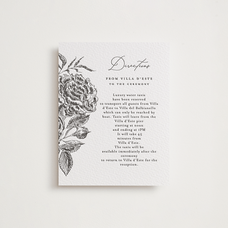 "Etchings of Roses" - Letterpress Direction Cards in Soft Black by Chris Griffith - Front