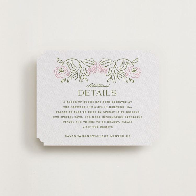 "Sketched Foliage" - Letterpress Direction Cards in Peony | Olive by Susan Zinader - Front