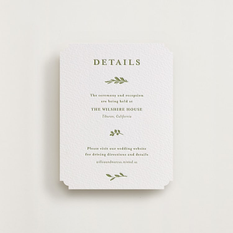 "Greenery Vine" - Letterpress Direction Cards in Olive by Susan Moyal - Front