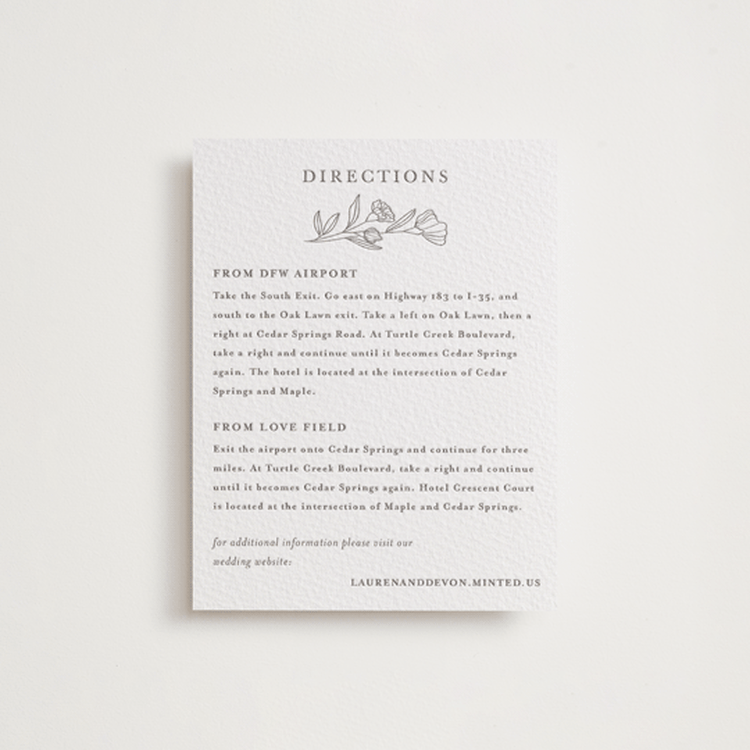 "Bouvardia" - Letterpress Direction Cards in Graphite by Deynaaz Daraei - Front