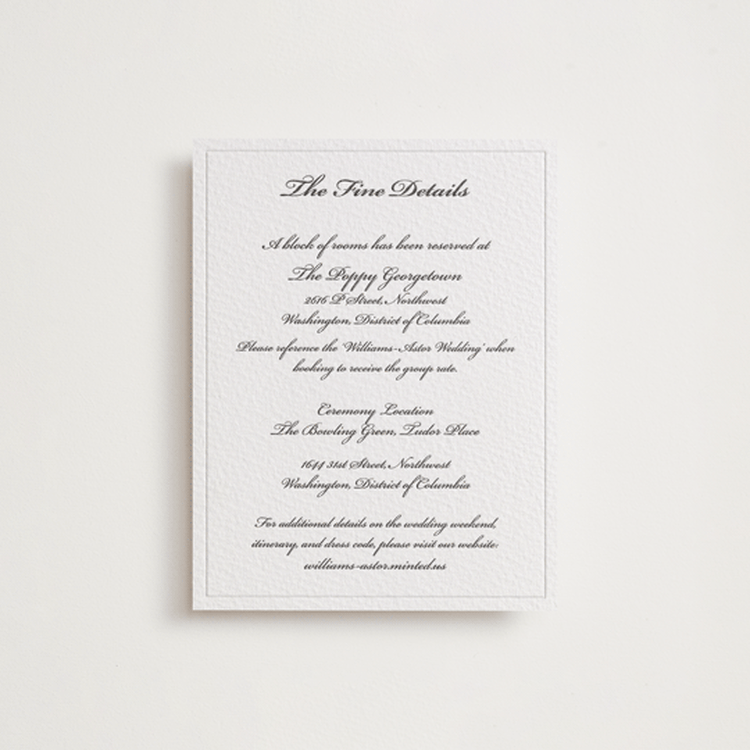 "Astor Elegance" - Letterpress Direction Cards in Soft Black | Blind Deboss by Clover and Lamb - Front