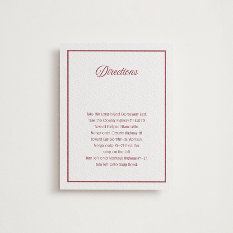 "Ritzy" - Letterpress Direction Cards in Maraschino by Nicoletta Savod - Front
