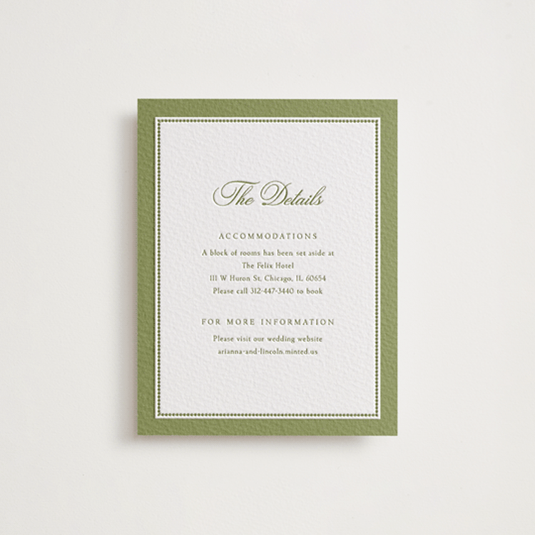 "Darcy" - Letterpress Direction Cards in Olive | Evergreen by Robert and Stella - Front