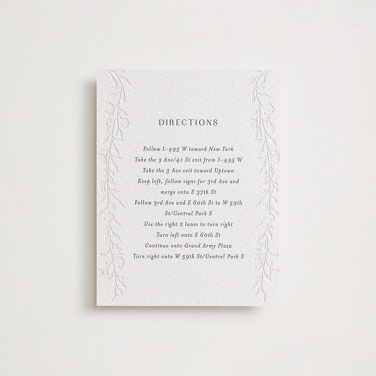 "Delicately" - Letterpress Direction Cards in Smoke | Blind Deboss by Nicoletta Savod - Front
