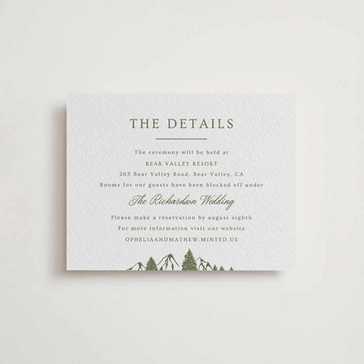 "Summit Meadows" - Letterpress Direction Cards in Olive by Ana Sharpe - Front