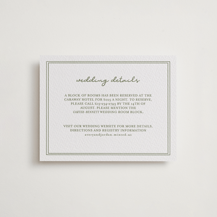 "The Verdure Suite" - Letterpress Direction Cards in Artichoke by Brittney Jensen - Front
