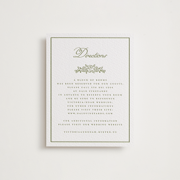 "Crestino" - Letterpress Direction Cards in Olive by Petra Kern - Front