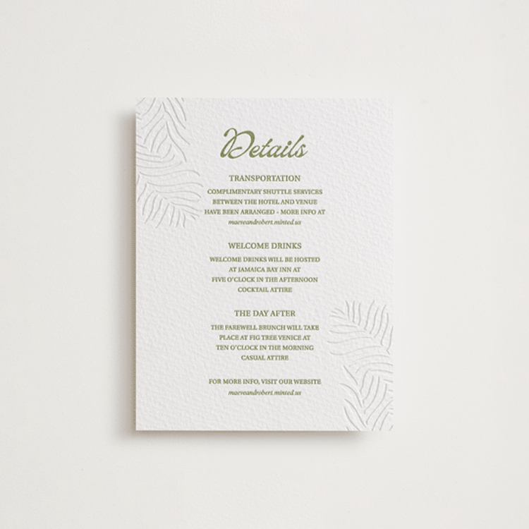 "Palm Shade" - Letterpress Direction Cards in Olive | Blind Deboss by Julia Liverton - Front
