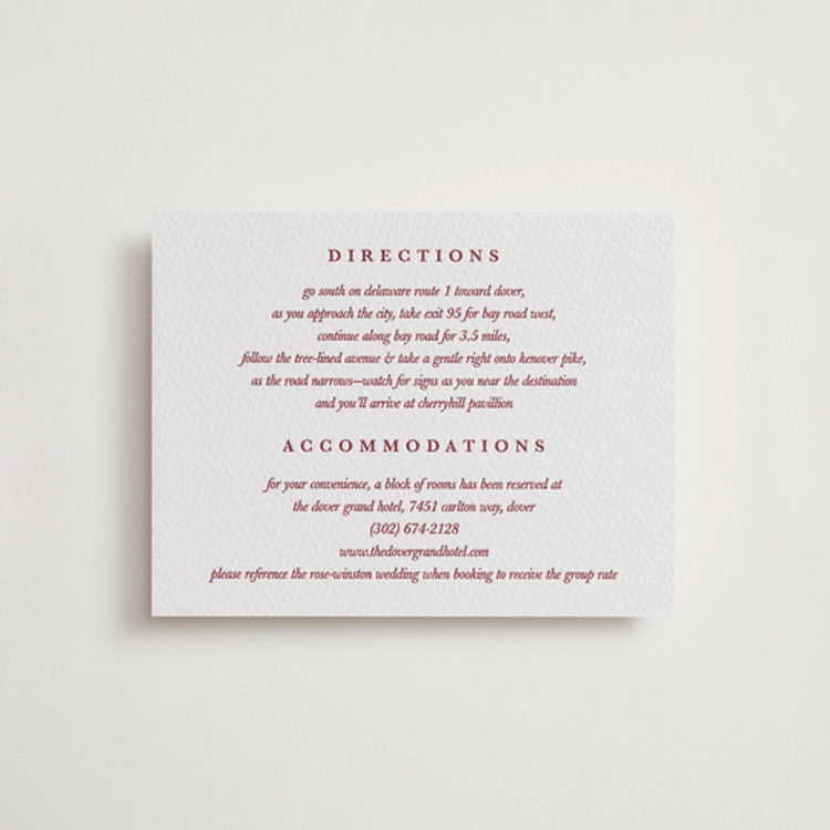 "Classic Cherries" - Letterpress Direction Cards in Maraschino by Charter Oaks Creative - Front