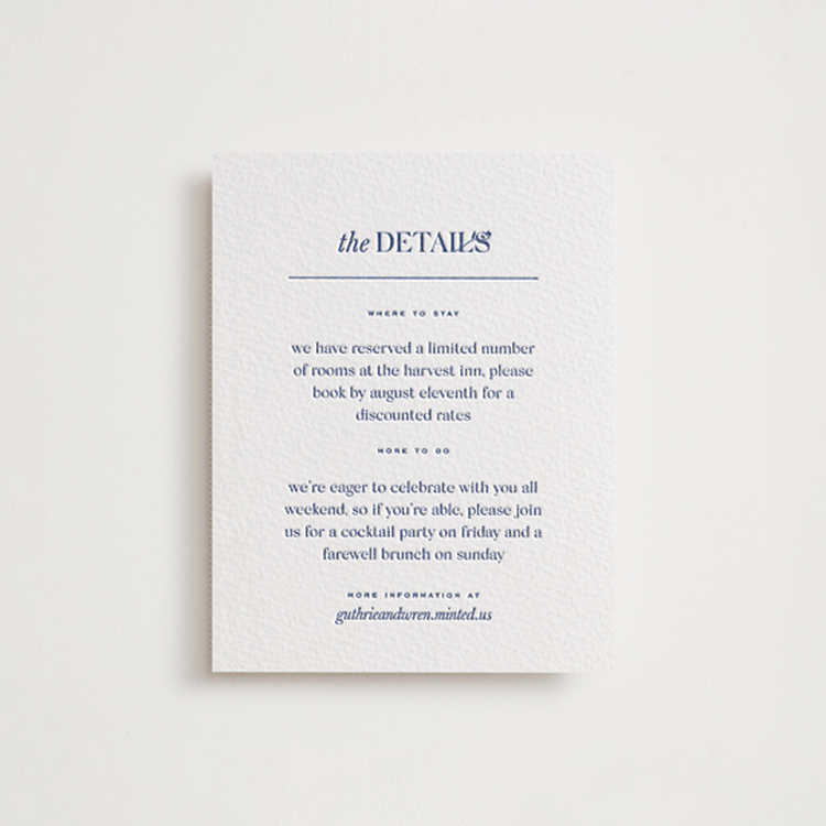 "bluebell dinner" - Letterpress Direction Cards in Lapis by Bramble Studio - Front