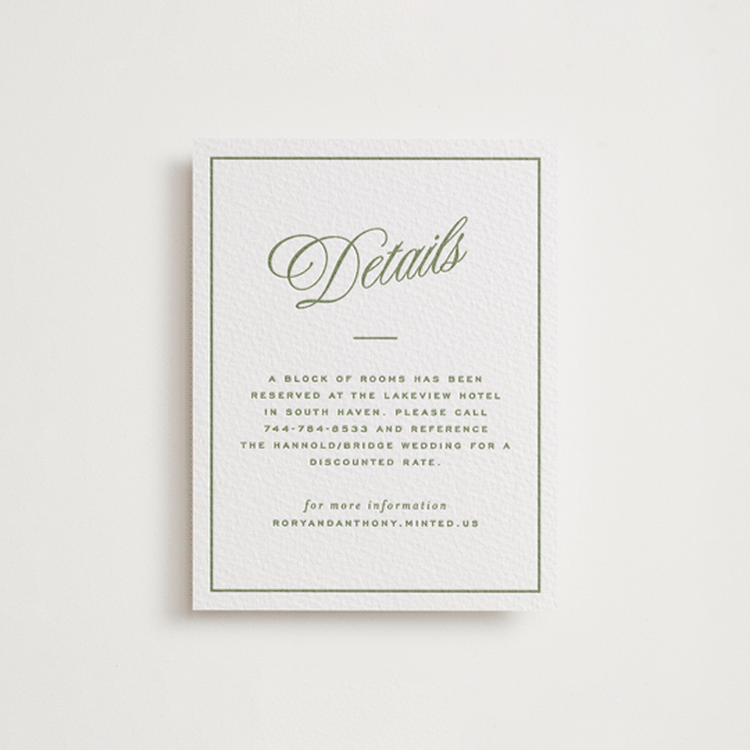 "rory" - Letterpress Direction Cards in Olive by Ellen Schlegelmilch - Front