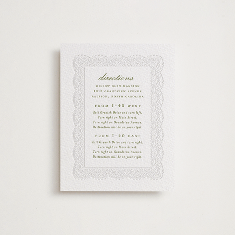 "Chantilly" - Letterpress Direction Cards in Pistachio by Erica Krystek - Front