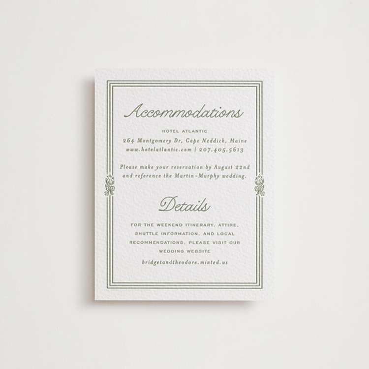 "Court" - Letterpress Direction Cards in Artichoke by Kate Ahn - Front