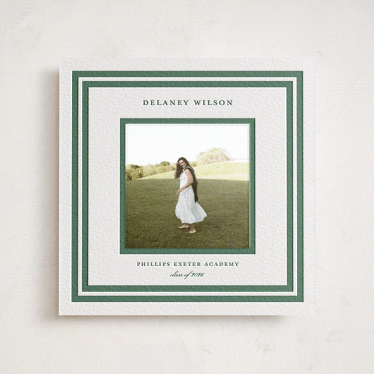 "Roma" - Letterpress Graduation Announcement Photo Mount Cards in Evergreen by Megan Davis - Front