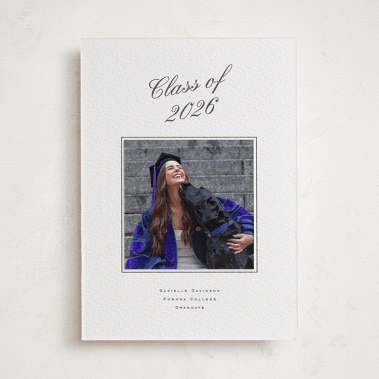"Hayworth" - Letterpress Graduation Announcement Photo Mount Cards in Soft Black by Olivia Kanaley Inman - Front