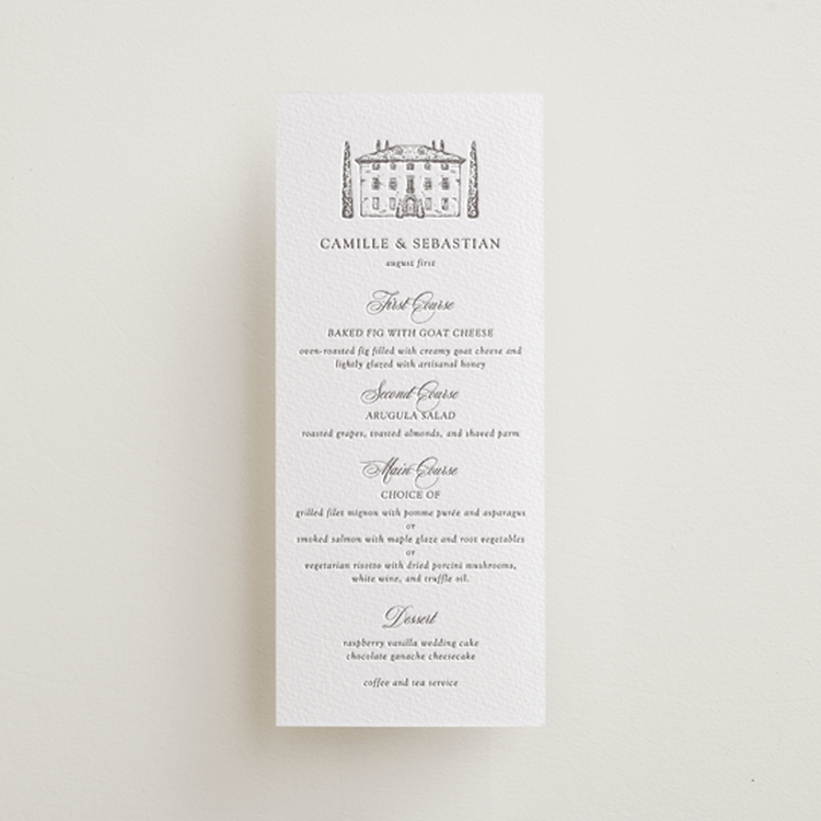 "Italian Countryside" - Letterpress Menus in Graphite by Melinda Denison - Front