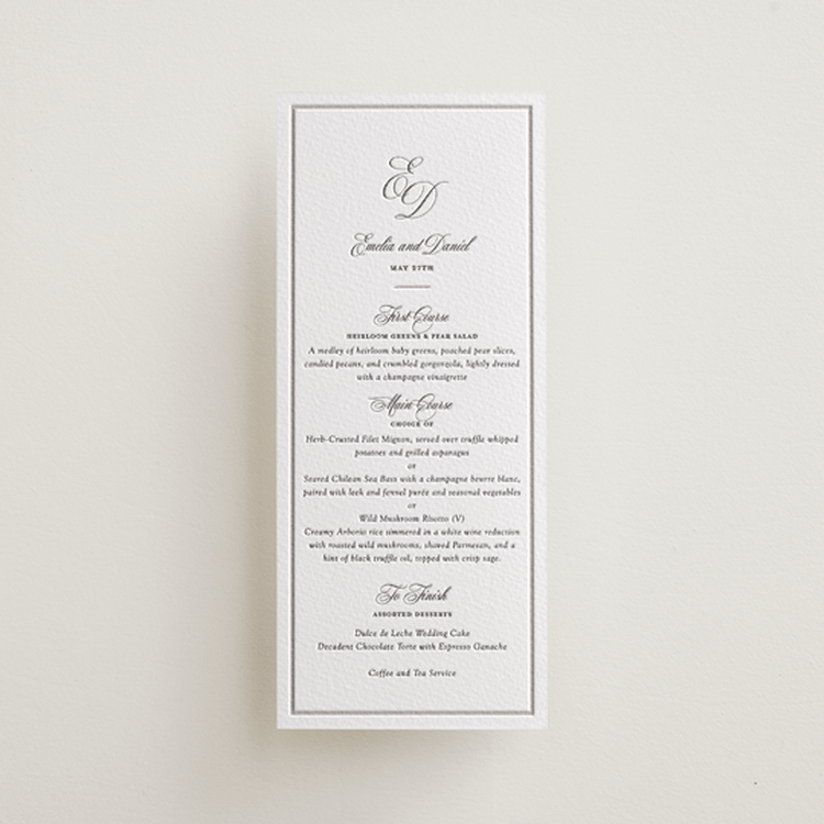 "Royal" - Letterpress Menus in Soft Black | Dove Grey by Melinda Denison - Front