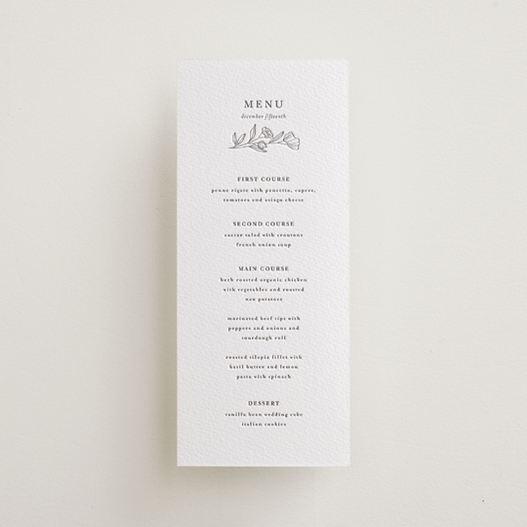 "Bouvardia" - Letterpress Menus in Graphite by Deynaaz Daraei - Front