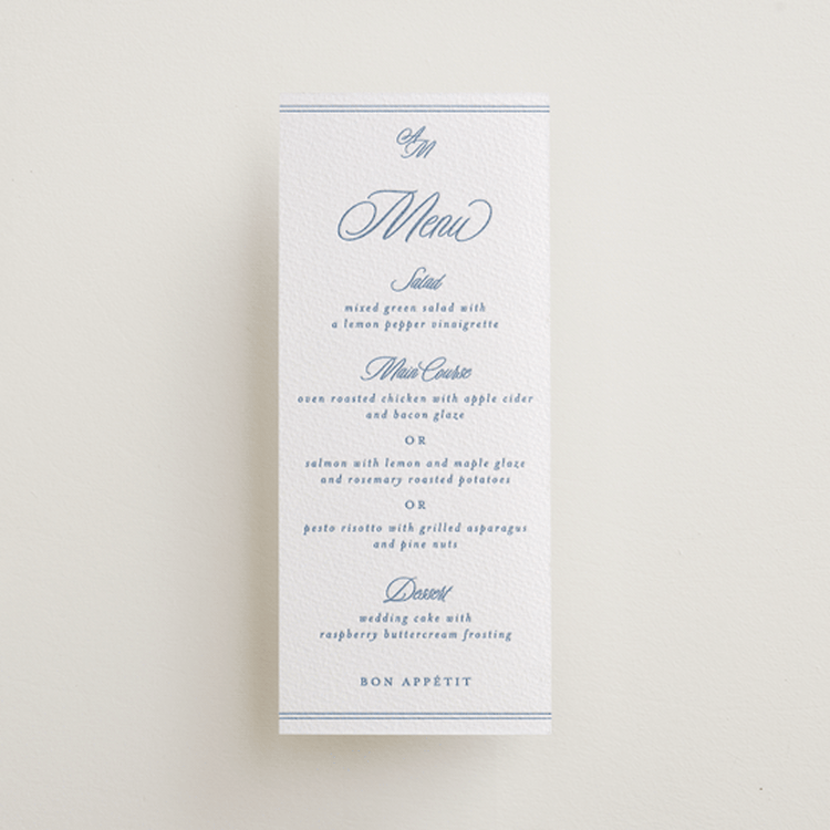 "Stately" - Letterpress Menus in Pacific Blue by Creo Study - Front
