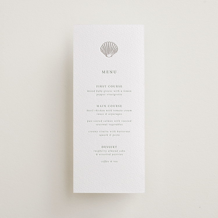 "Simple Seashell" - Letterpress Menus in Dove Grey by Hannah Bowman - Front