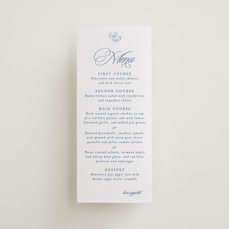"Aristocratic" - Letterpress Menus in Pacific Blue by Creo Study - Front