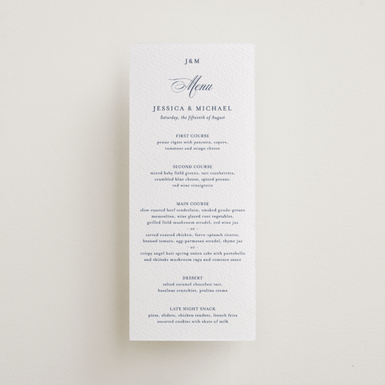 "Empire" - Letterpress Menus in Blueberry by Jennifer Postorino - Front