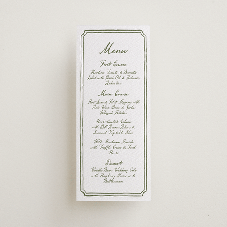 "Handwritten" - Letterpress Menus in Artichoke by Cass Loh - Front