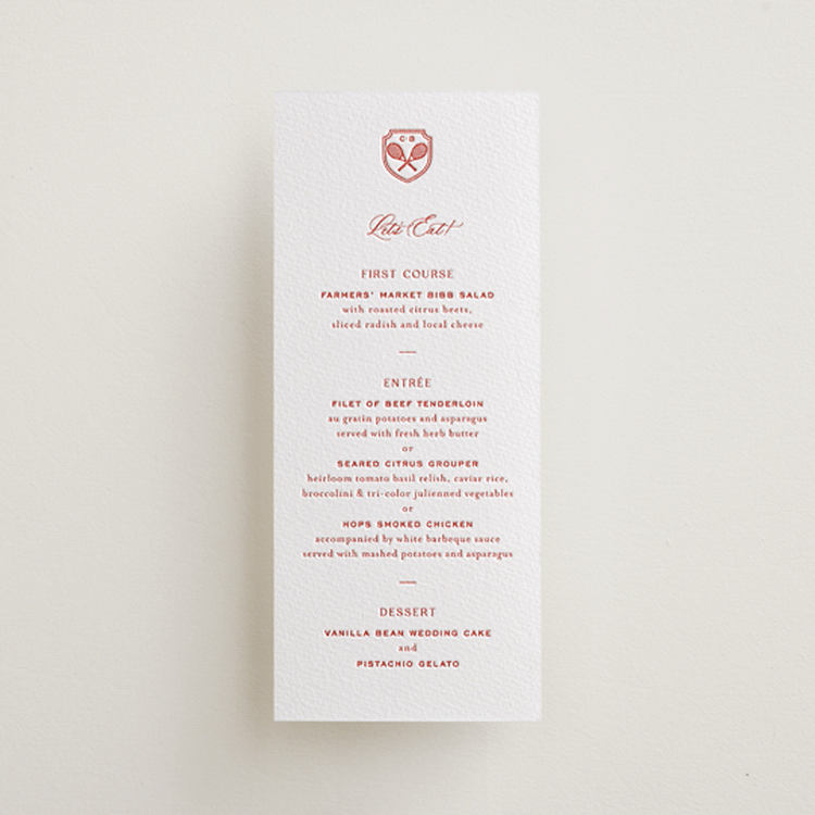"Racquet" - Letterpress Menus in Verona Sunset by Megan Davis - Front