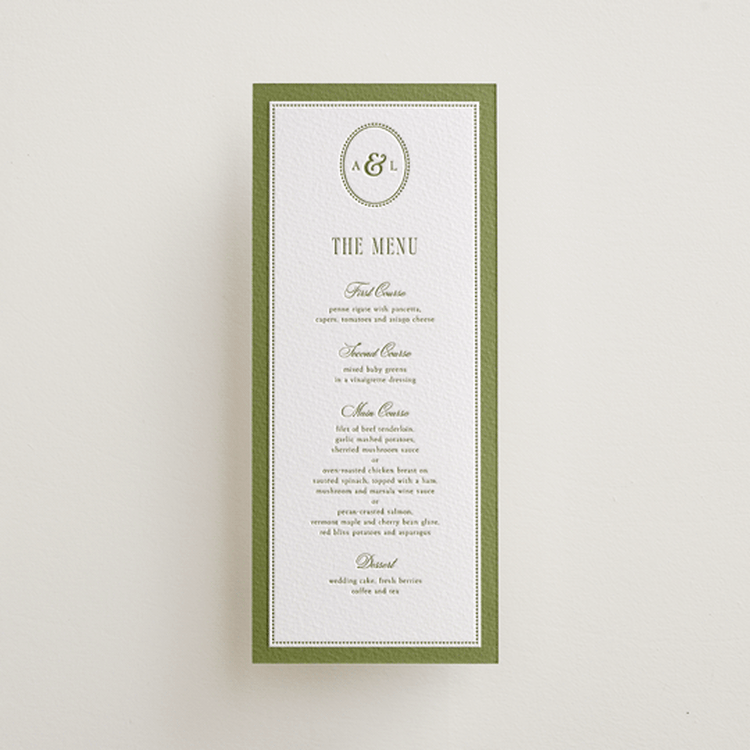 "Darcy" - Letterpress Menus in Olive by Robert and Stella - Front