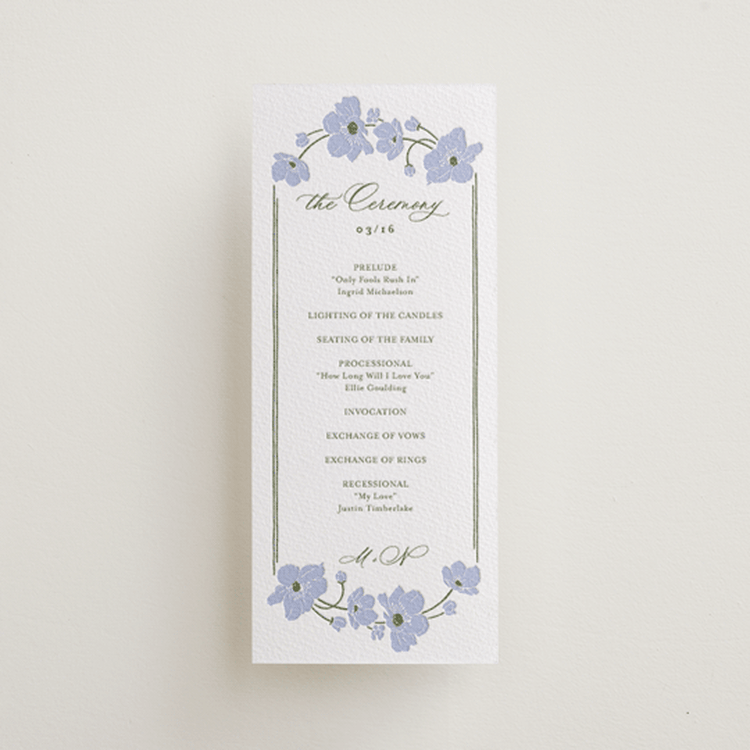"Anemones" - Letterpress Menus in Vista | Artichoke by letterfix - Front