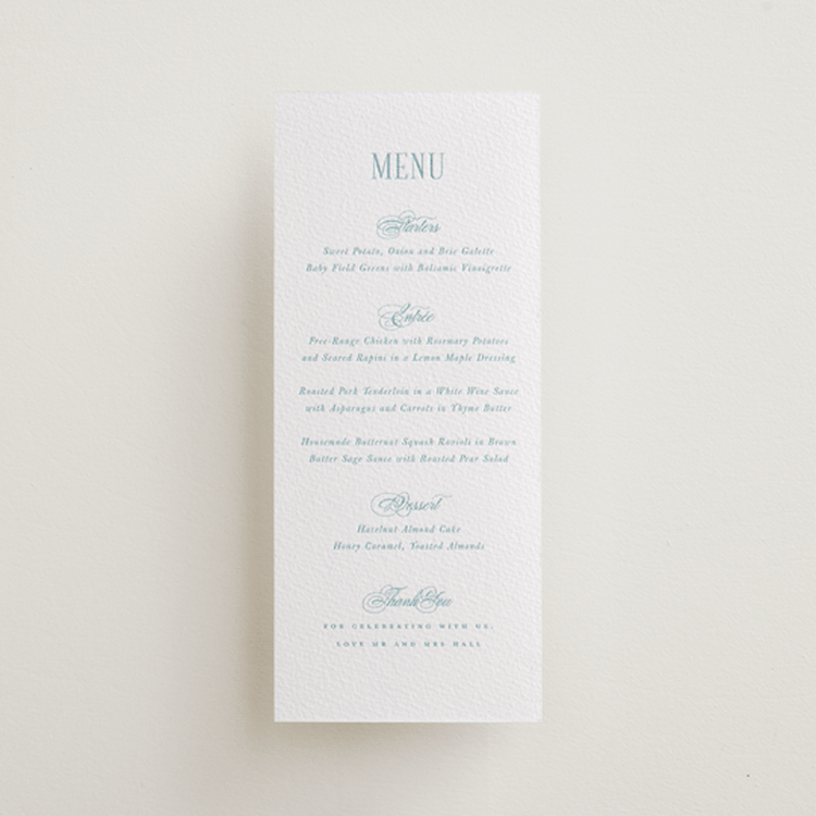 "Hamptons" - Letterpress Menus in Robin's Egg by Hudson meet Rose - Front