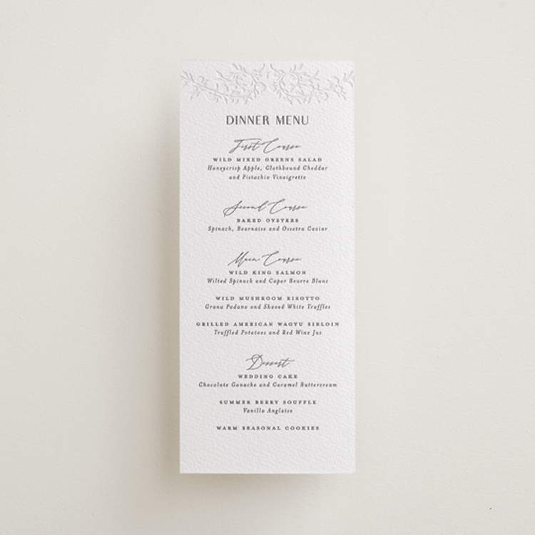 "Delicately" - Letterpress Menus in Smoke | Blind Deboss by Nicoletta Savod - Front