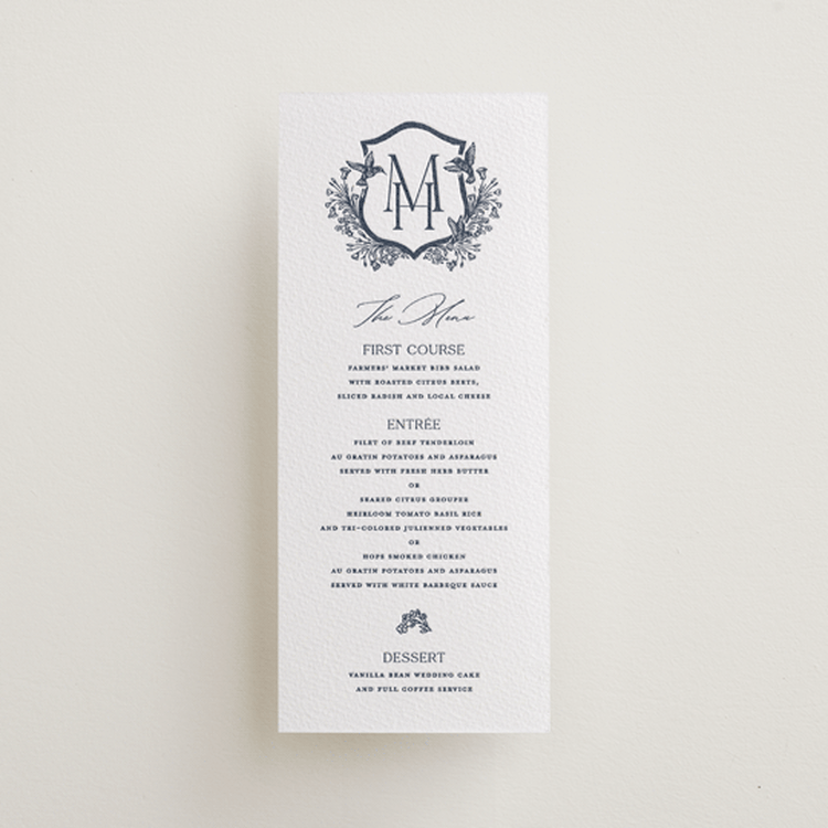 "Hummingbird Botanicals" - Letterpress Menus in Night Sky by Erin Deegan - Front