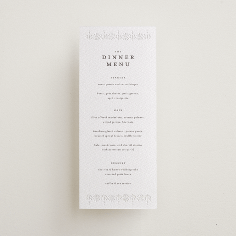 "Cosette" - Letterpress Menus in Blind Deboss | Graphite by Melanie Kosuge - Front