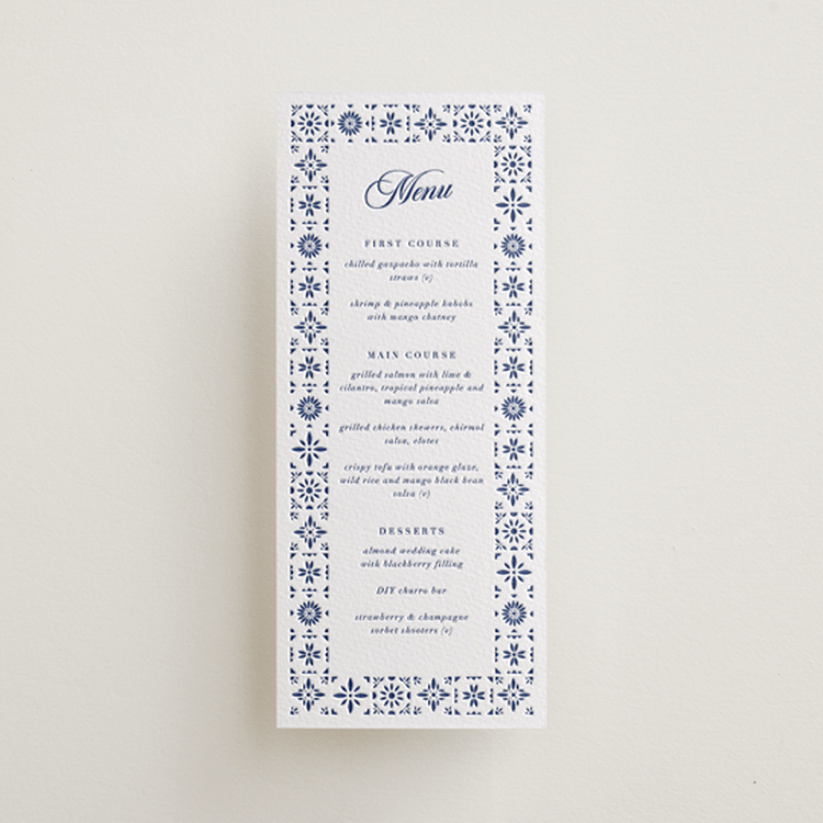"Talavera Tiles" - Letterpress Menus in Lapis by Olivia Raufman - Front