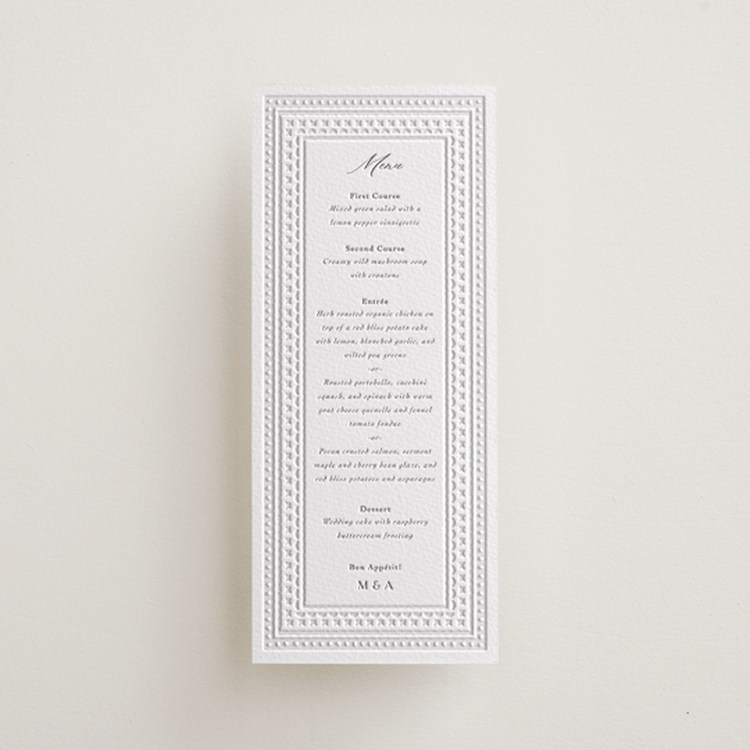 "Heirloom Needlework" - Letterpress Menus in Smoke | Blind Deboss by Meggy Masters - Front