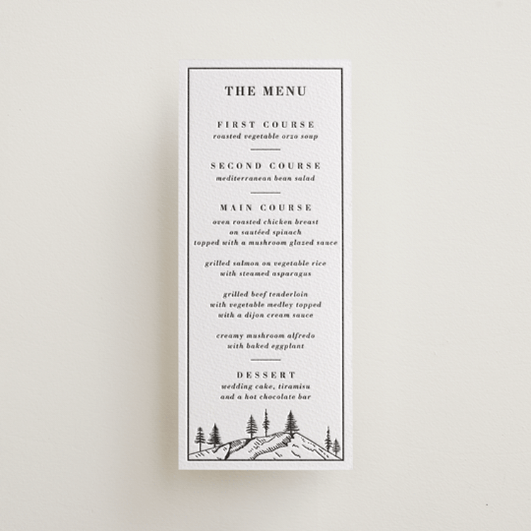 "Mountain Pines" - Letterpress Menus in Soft Black by Winston Latchman - Front