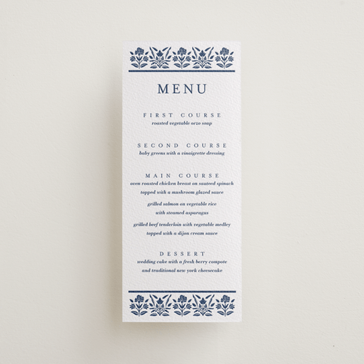 "Pressed Motif" - Letterpress Menus in Blueberry by Oma N. Ramkhelawan - Front