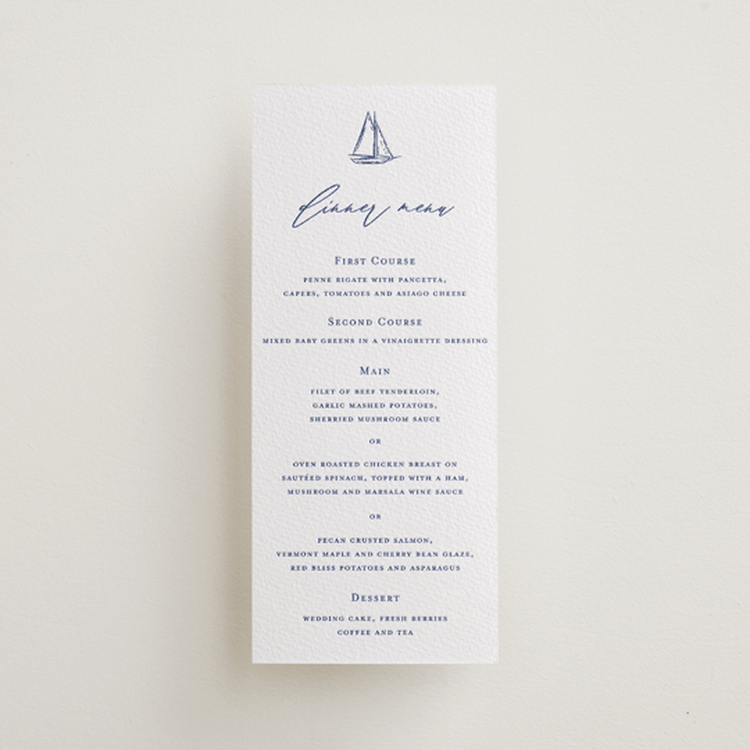"Mariner" - Letterpress Menus in Lapis by Jelena Vuletic - Front