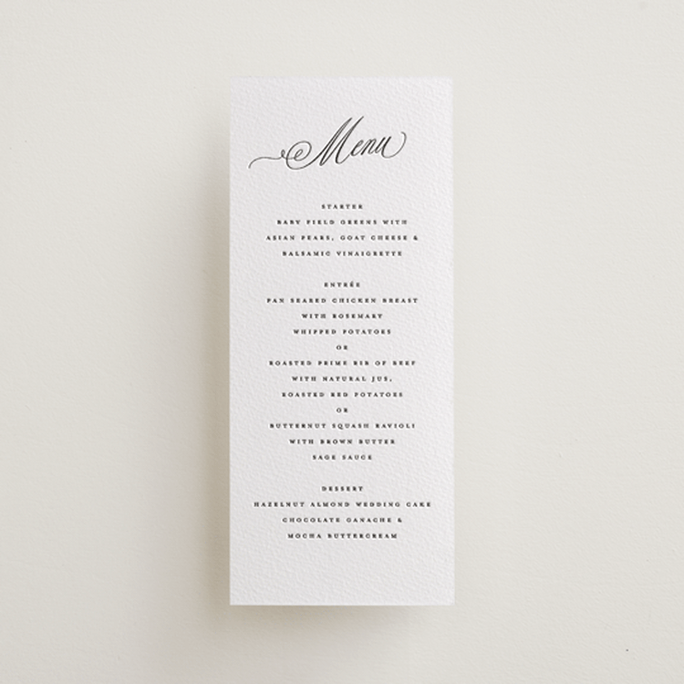 "Romantic Script" - Letterpress Menus in Soft Black by Susan Zinader - Front