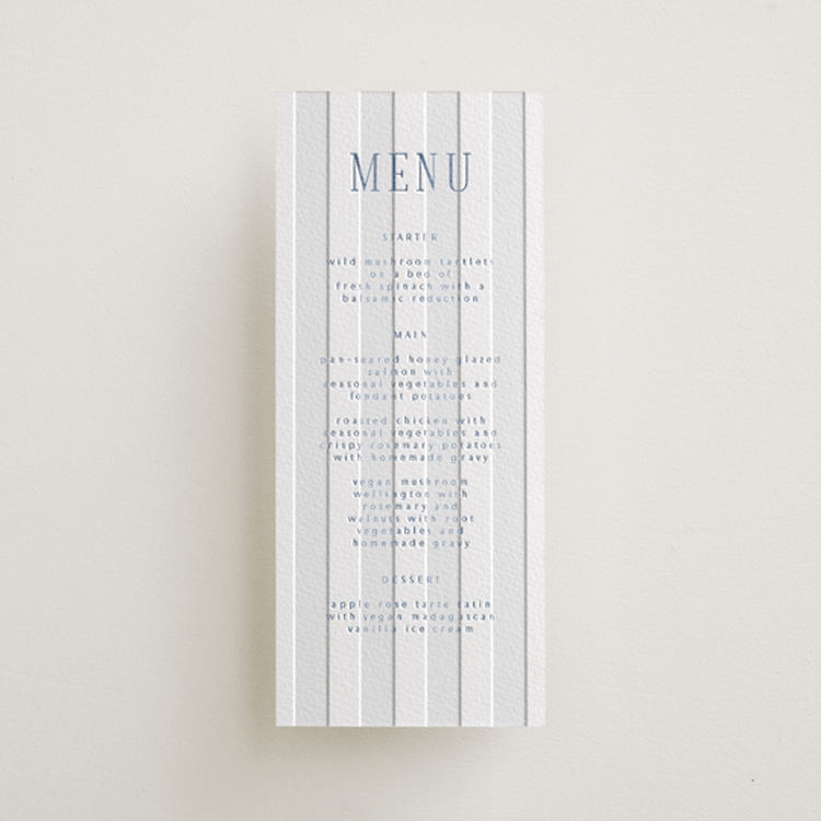 "Subtle Stripes" - Letterpress Menus in Pacific Blue by Nicole Walsh - Front