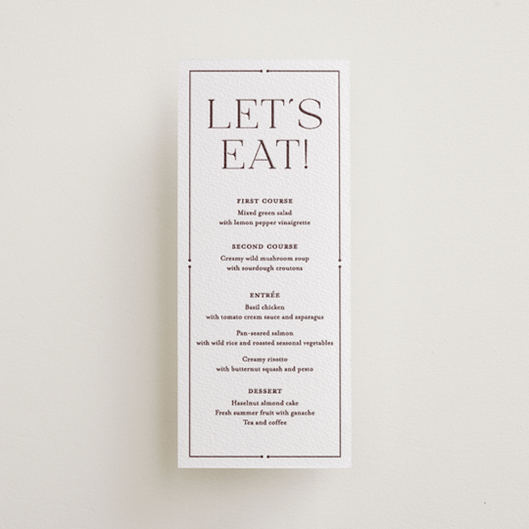 "Quiet Luxury" - Letterpress Menus in Clove by Oscar and Emma - Karly Depew - Front