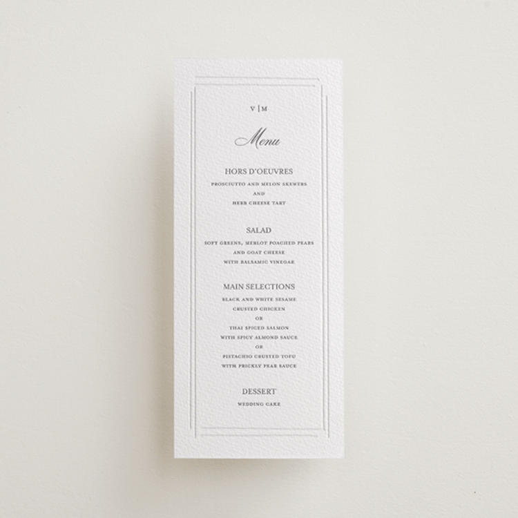 "Clarion" - Letterpress Menus in Smoke | Blind Deboss by Jelena Vuletic - Front