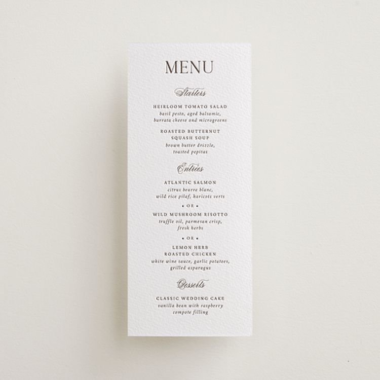 "Willow" - Letterpress Menus in Cacao Bean by Snow and Ivy - Front
