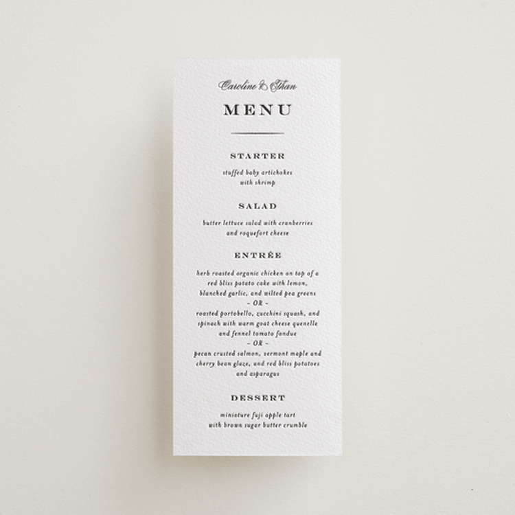 "Proper" - Letterpress Menus in Soft Black by Carolyn MacLaren - Front