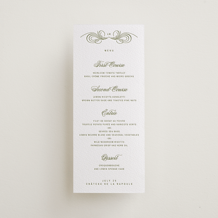 "Love in the Afternoon" - Letterpress Menus in Olive by Ani Somi - Front