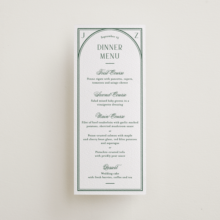 "Fresh Classic" - Letterpress Menus in Evergreen by letterfix - Front