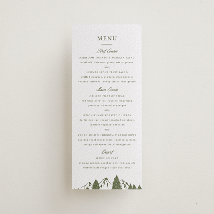 "Summit Meadows" - Letterpress Menus in Olive by Ana Sharpe - Front