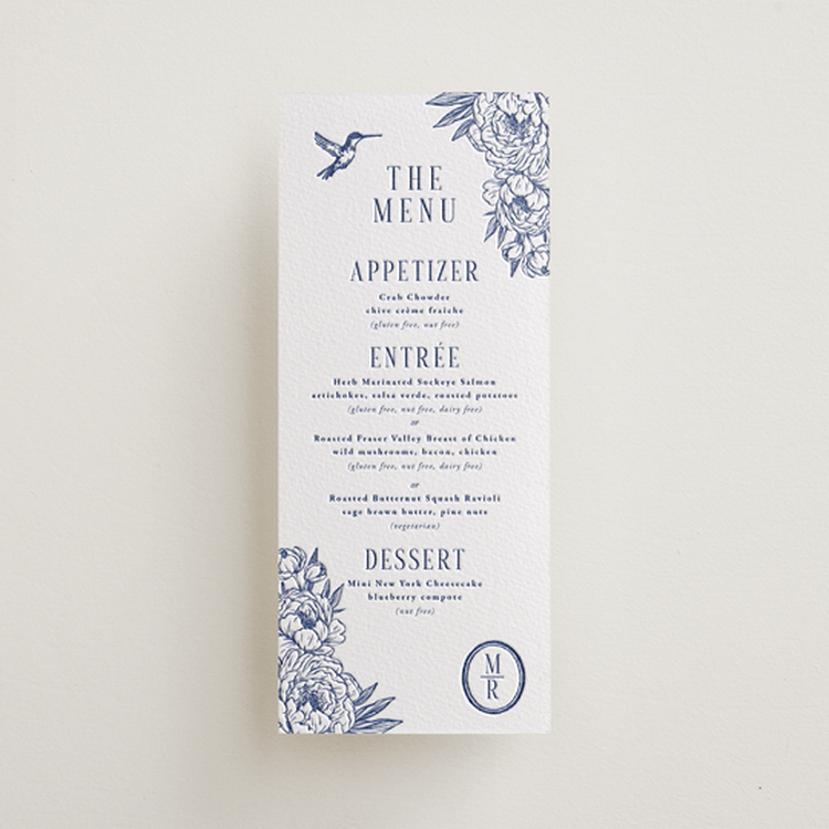 "Botanical Dream" - Letterpress Menus in Lapis by Sherley Ferreira - Front