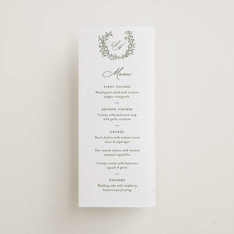 "Garden Script" - Letterpress Menus in Artichoke by Katherine Moynagh - Front
